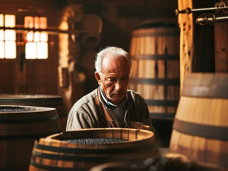 古法酿酒传承人在传统酿酒坊中工作