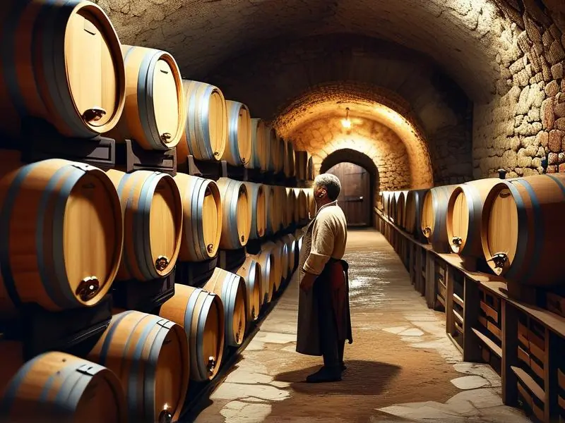传统酿酒师在酒窖中检查窖藏酒