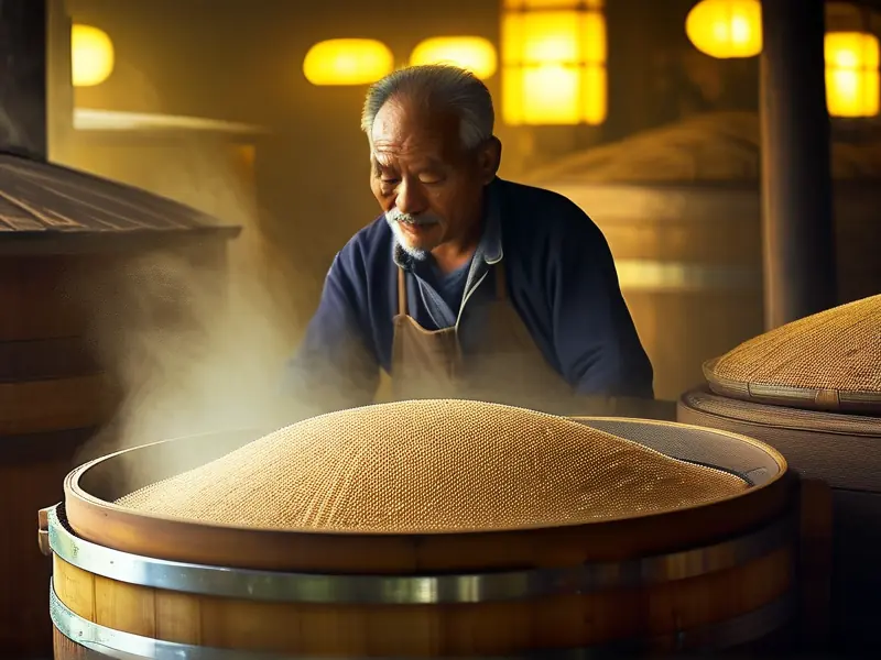 传统酿酒师使用木甑蒸煮粮食的古法酿酒场景