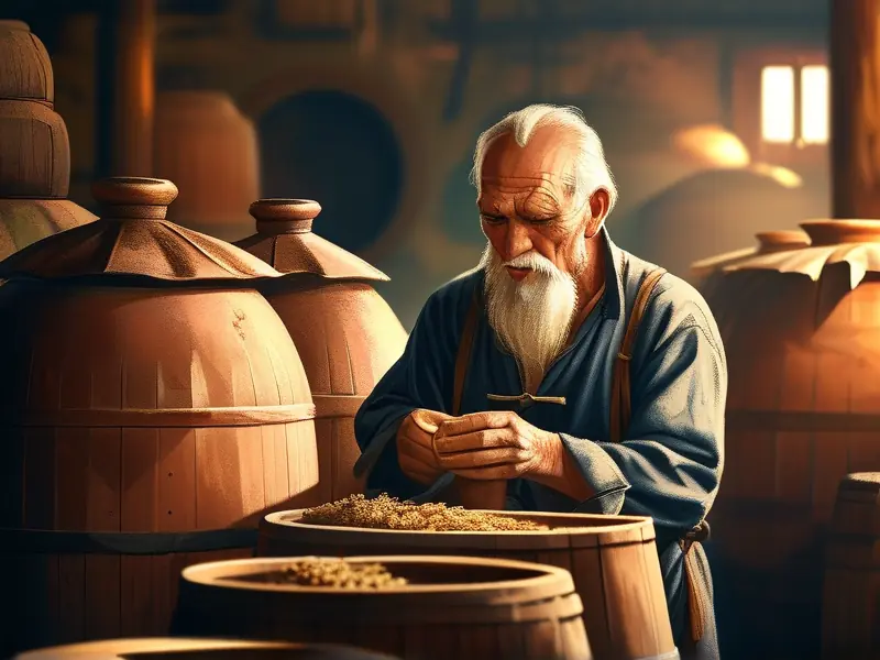老酿酒师使用古法酿造白酒的传统场景