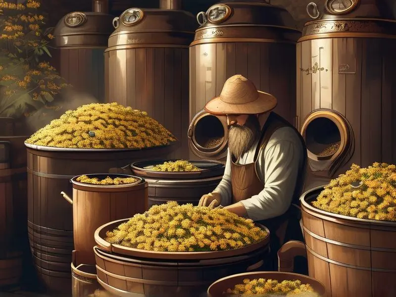 酿酒师处理桂花准备酿酒的场景