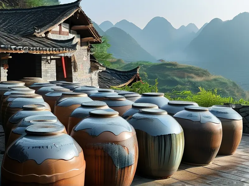 贵州古法酿酒师傅清晨检查发酵酒醅实景