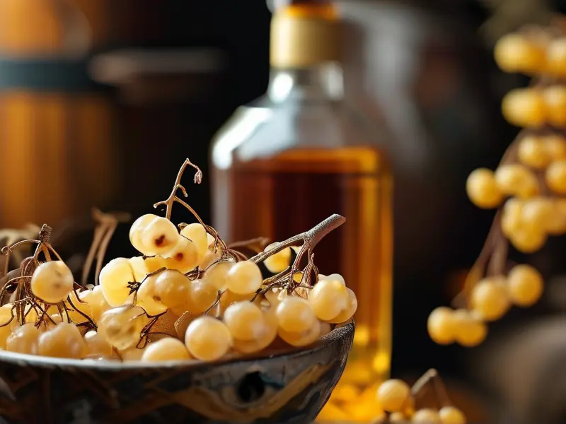 新鲜桂圆与成品桂圆酒的对比展示