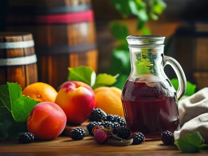 果酒制作过程展示：新鲜水果与发酵罐