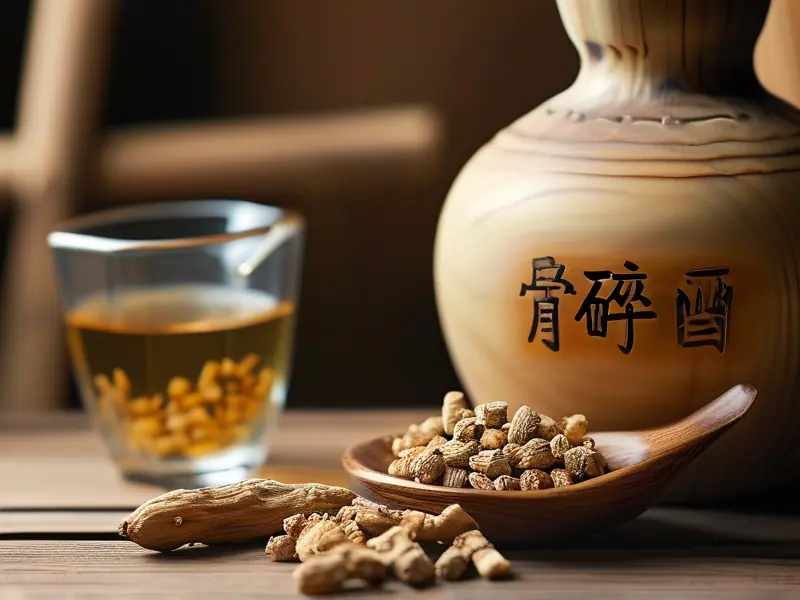 骨碎补药材与白酒在玻璃罐中浸泡的特写画面