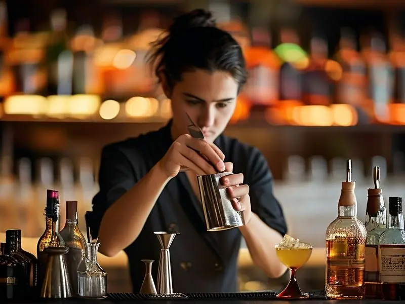 专业调酒师在吧台调制鸡尾酒实操教学场景