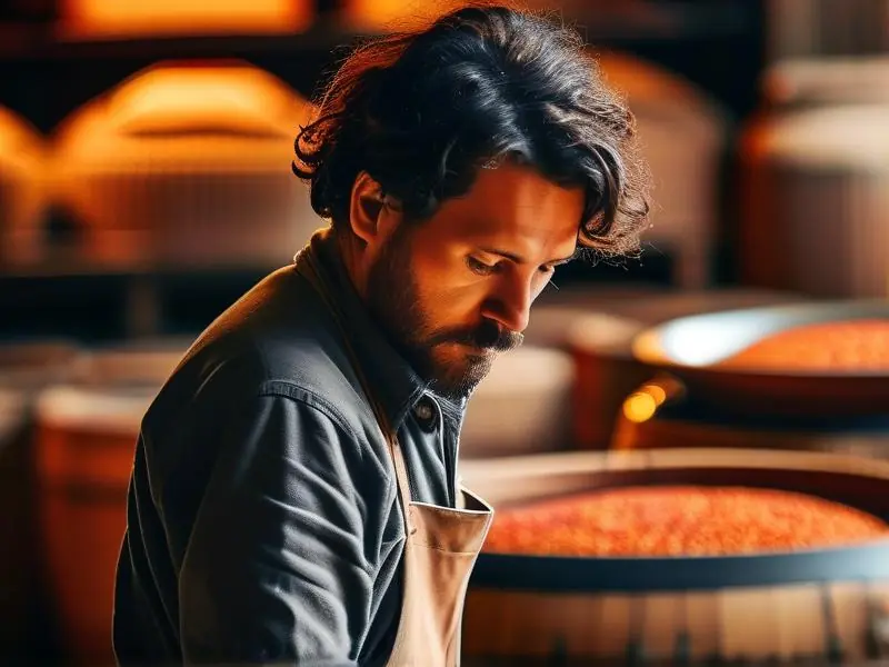 酿酒师检查红曲酒发酵过程