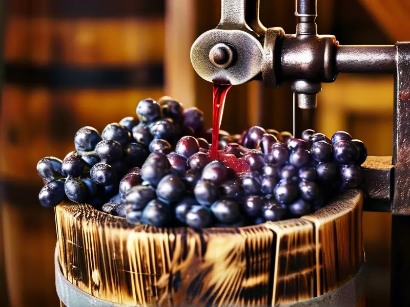 传统红酒酿造过程中葡萄压榨场景