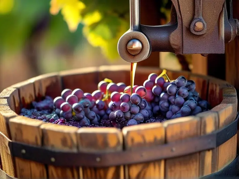 传统红酒酿造过程中葡萄压榨场景