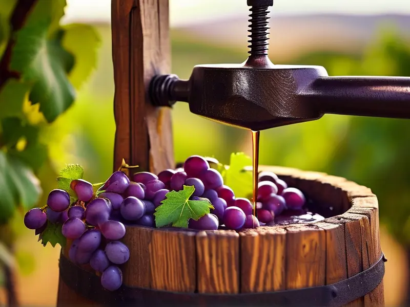 传统红酒酿造过程中葡萄压榨场景