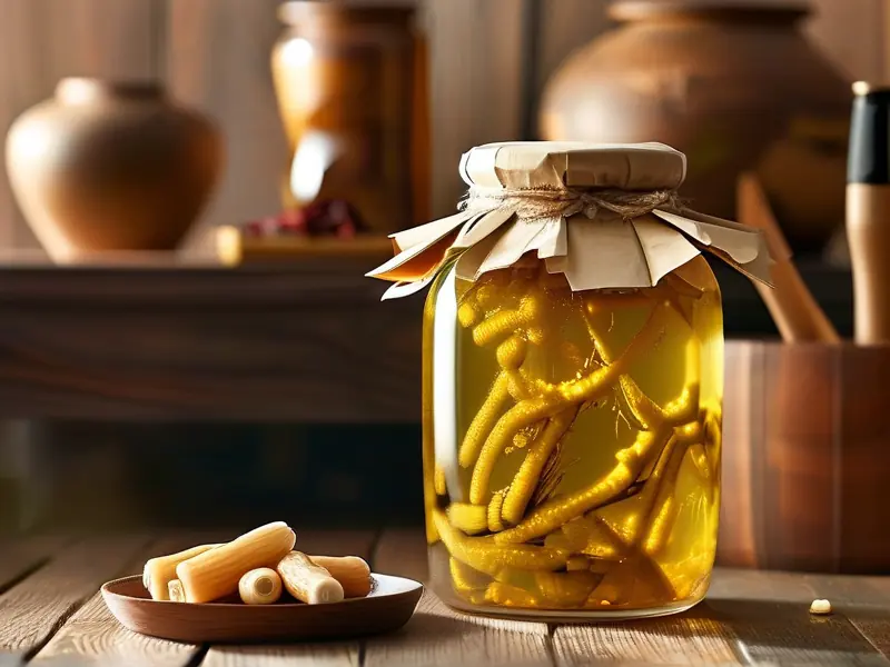 传统方法浸泡中的黄精酒特写
