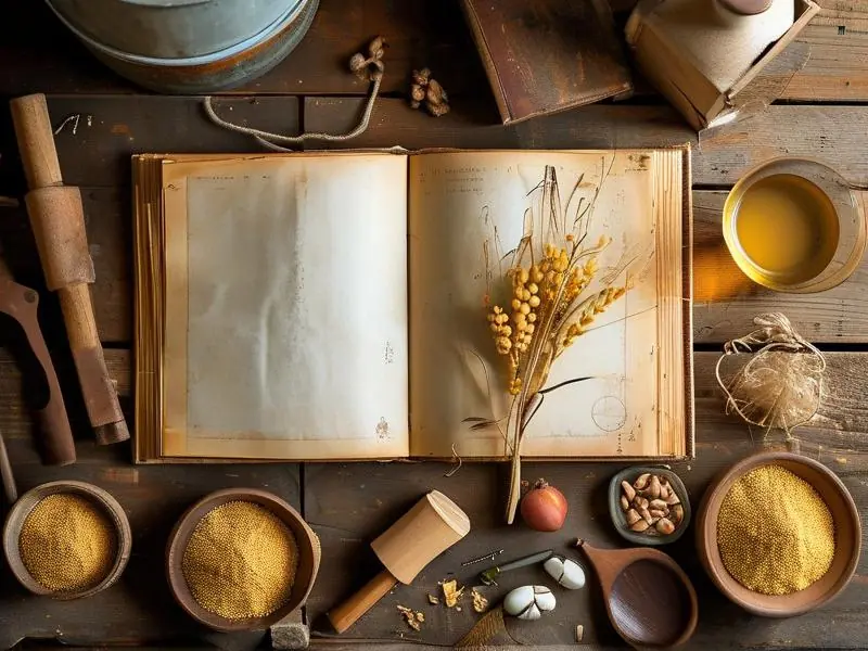 黄酒酿造书与原料工具展示