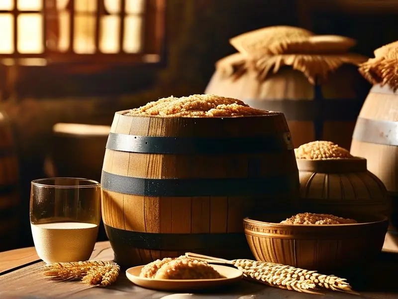 传统黄酒酿造原料展示：糯米、酒曲与小麦