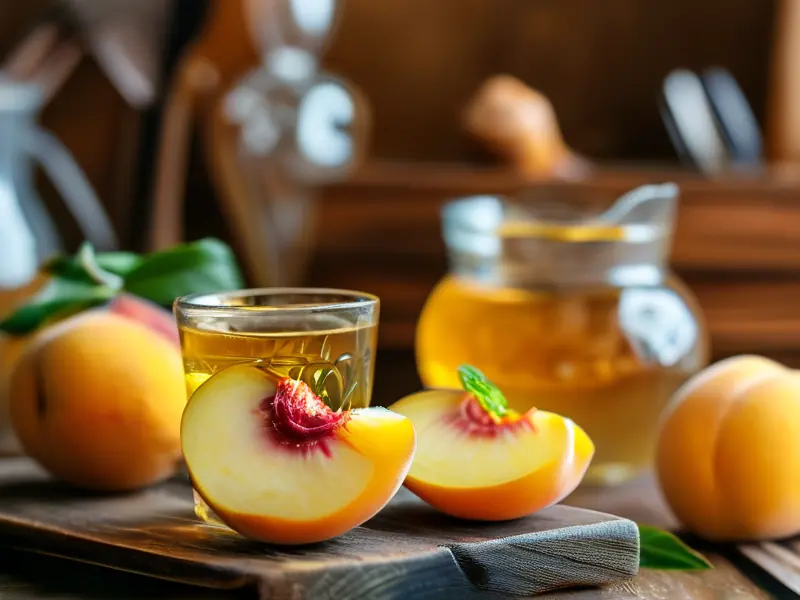 自制黄桃酒成品与原料展示