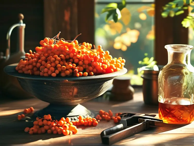 新鲜花楸果和酿酒工具摆放图