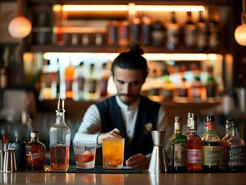 专业调酒师在吧台调制鸡尾酒
