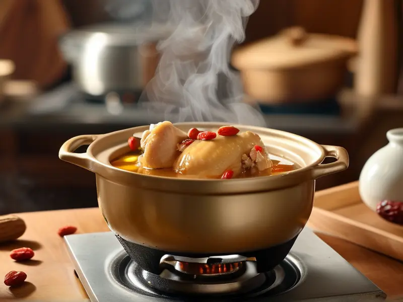 传统方法烹煮的滋补鸡酒特写