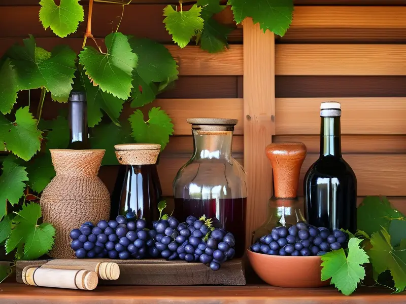 家庭自制葡萄酒原料和工具展示