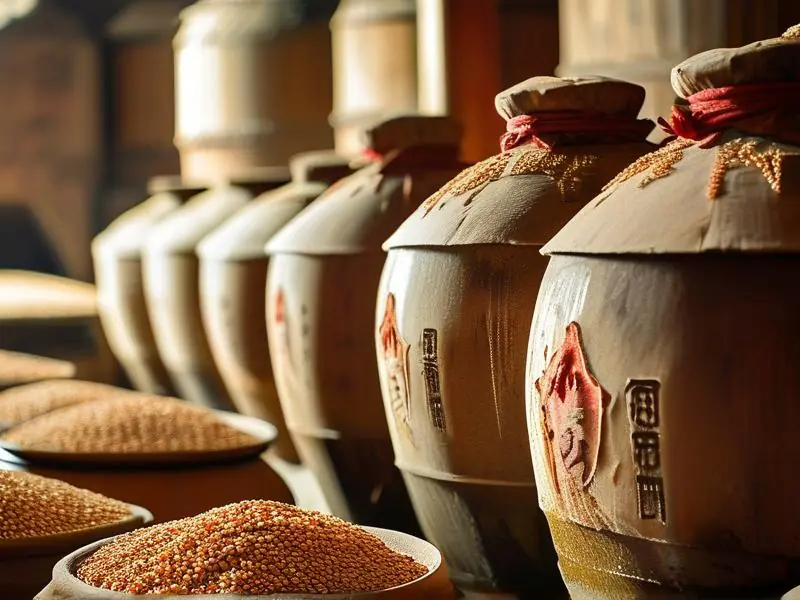 酱酒酿造核心原料展示：高粱、小麦及窖泥