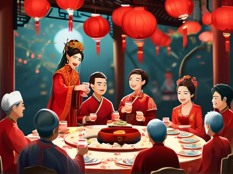 传统嫁女酒宴席现场热闹场景