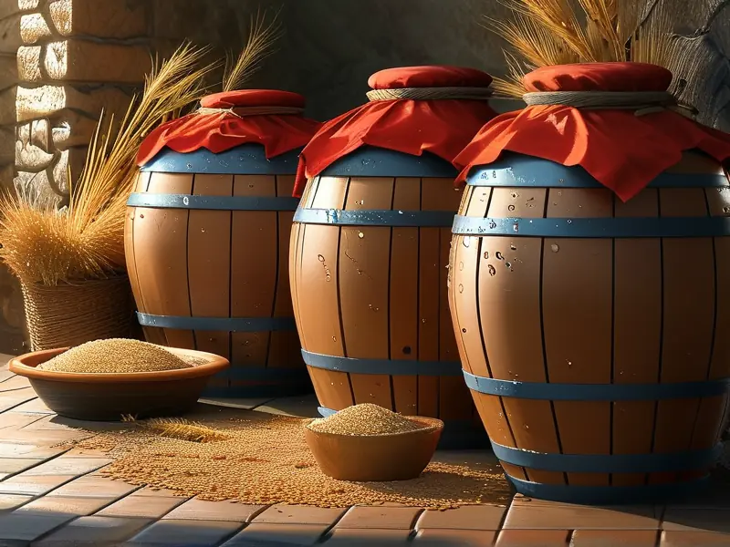 传统地窖中陶缸窖藏白酒的场景