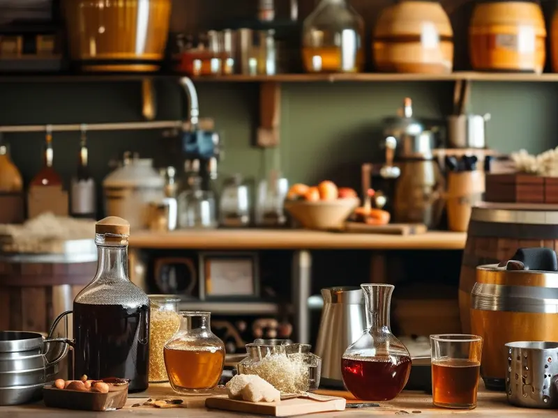 家庭酿酒师在厨房使用酿酒设备