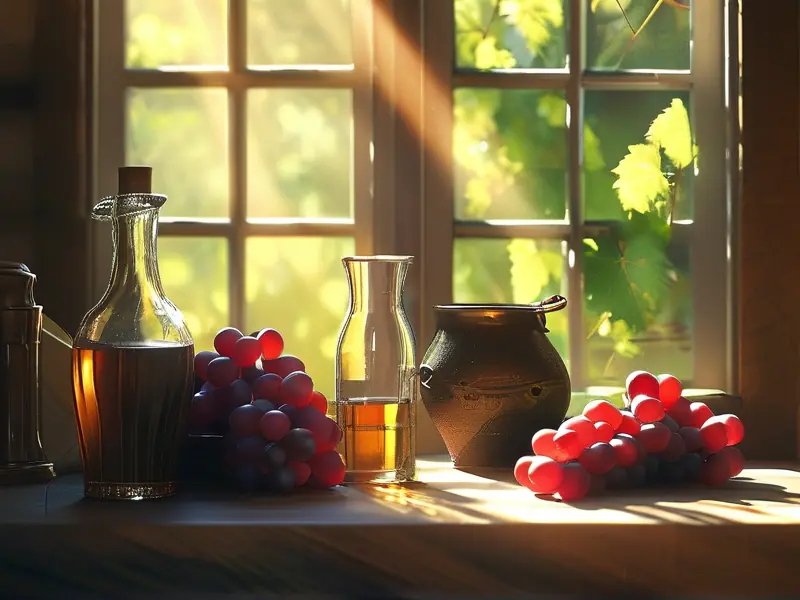 家庭自制葡萄酒所需材料和工具摆放示意图