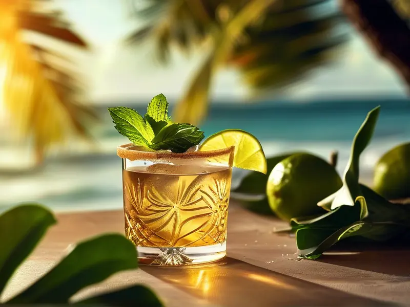 金朗姆酒调酒配方展示：莫吉托与热带水果装饰