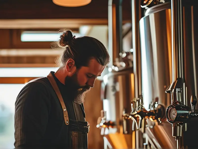 精酿啤酒酿造师在检查发酵罐中的啤酒