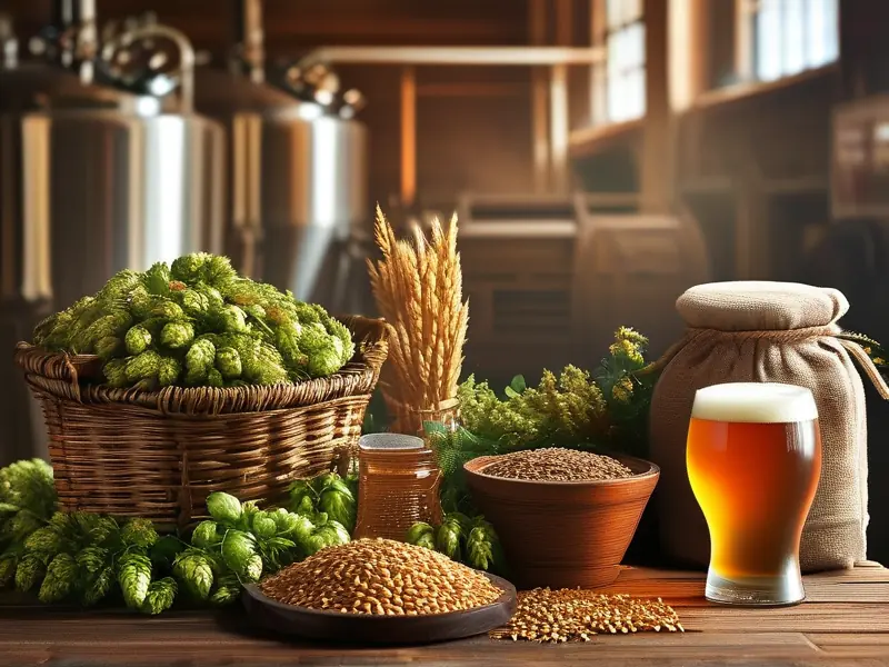 精酿啤酒核心原料展示：麦芽、啤酒花、酵母及成品啤酒
