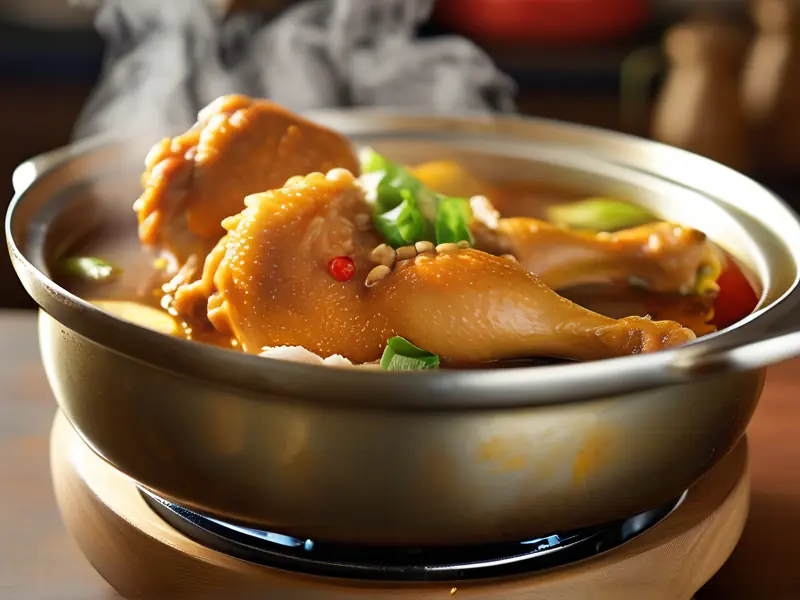 酒鸡成品图,展示金黄鲜嫩的鸡肉和浓郁汤汁