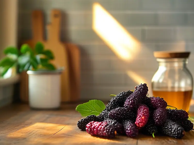 新鲜桑葚和酿酒工具准备制作桑葚酒