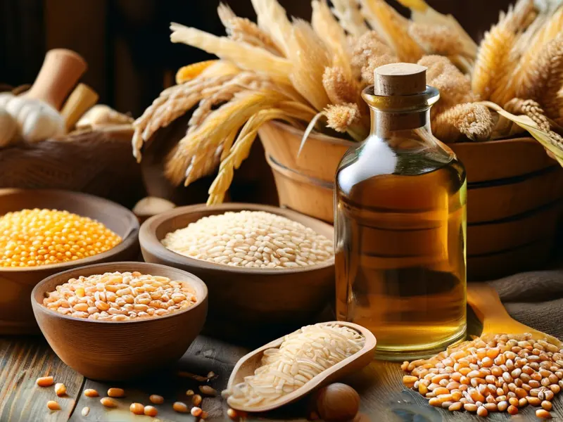 不同酿酒粮食展示：高粱、大米、玉米和小麦