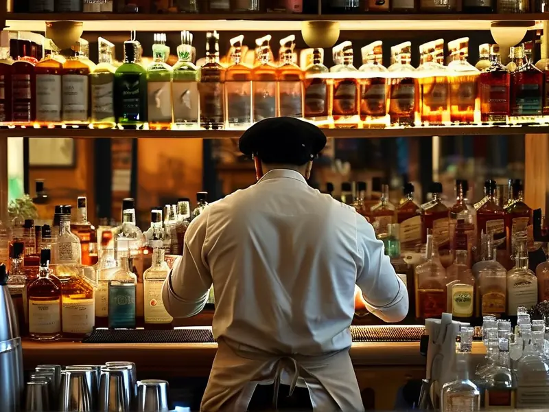 专业调酒师在酒吧吧台调制饮品