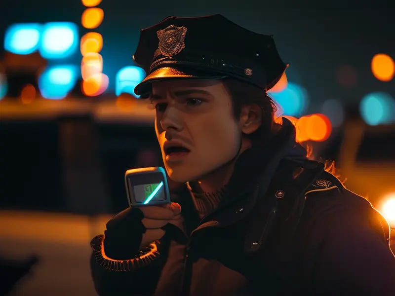 警察对涉嫌酒驾司机进行现场酒精检测