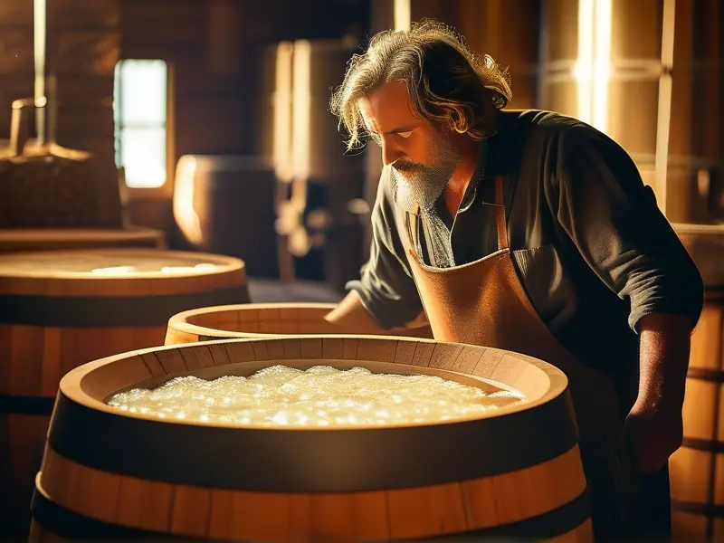 传统酿酒师检查酒米发酵过程