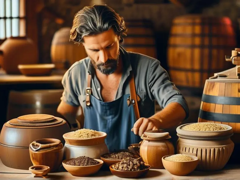 酿酒师检查酒米发酵过程