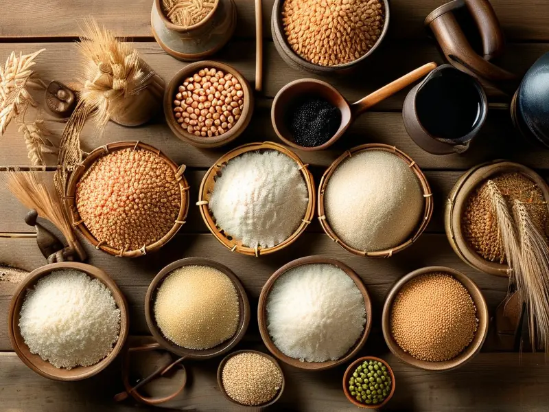 传统酒曲制作原料展示：小麦、大米、豌豆等谷物与制作工具