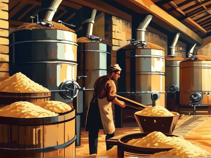 工人用传统方法处理酒糟进行二次发酵