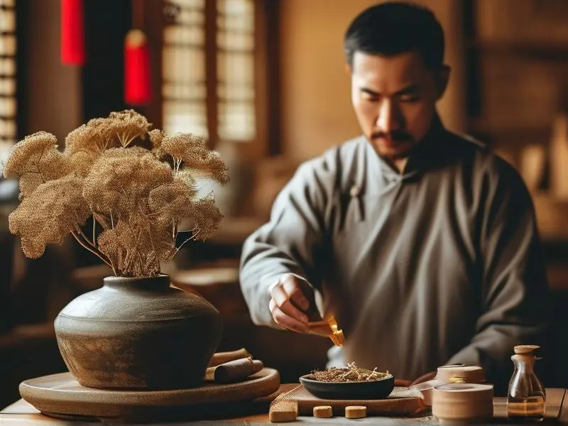 传统中药炮制师正在制作酒制黄连的过程