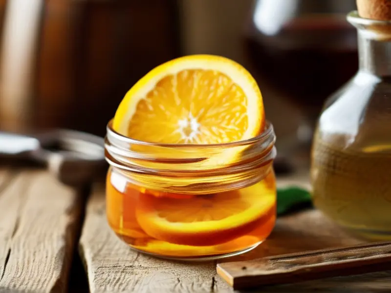 橘子切片与白酒在玻璃罐中浸泡的制作过程