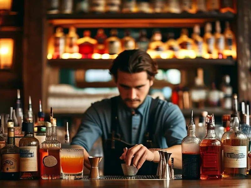 专业调酒师在吧台调制鸡尾酒