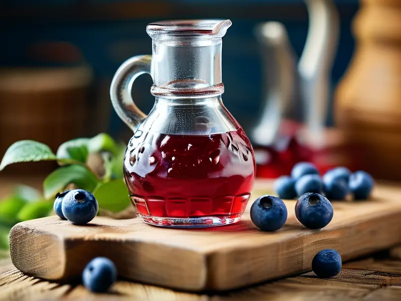 自制蓝莓酒成品与原料展示