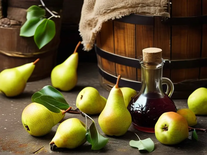 新鲜梨子和酿酒工具展示