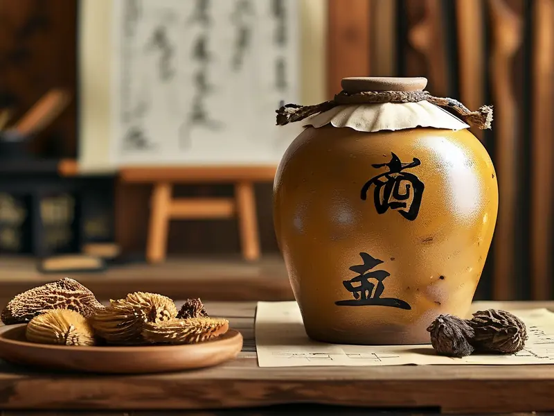 传统灵芝乌发酒制作原料与器具展示