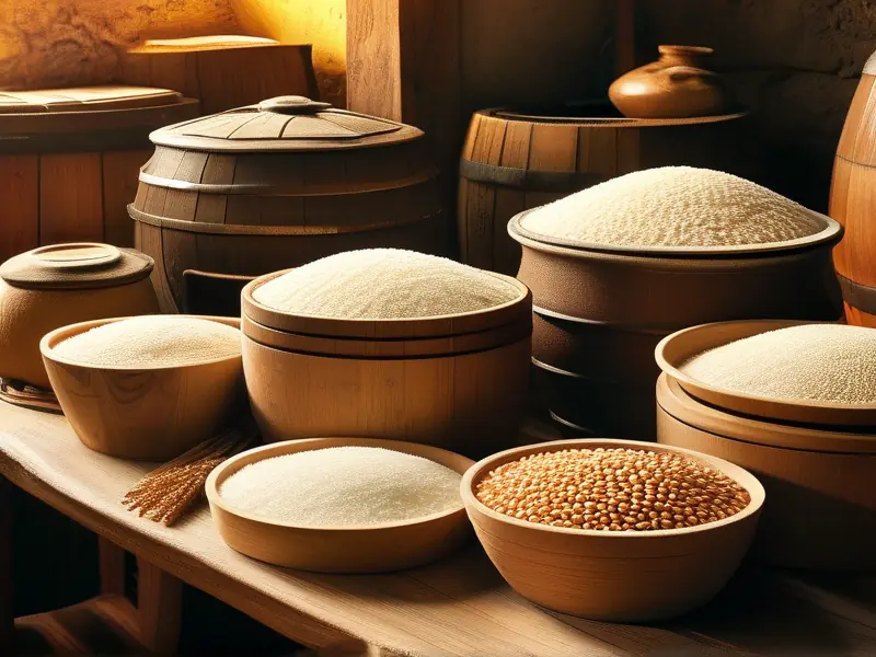 六种粮食酿造原料与传统酿酒工具特写