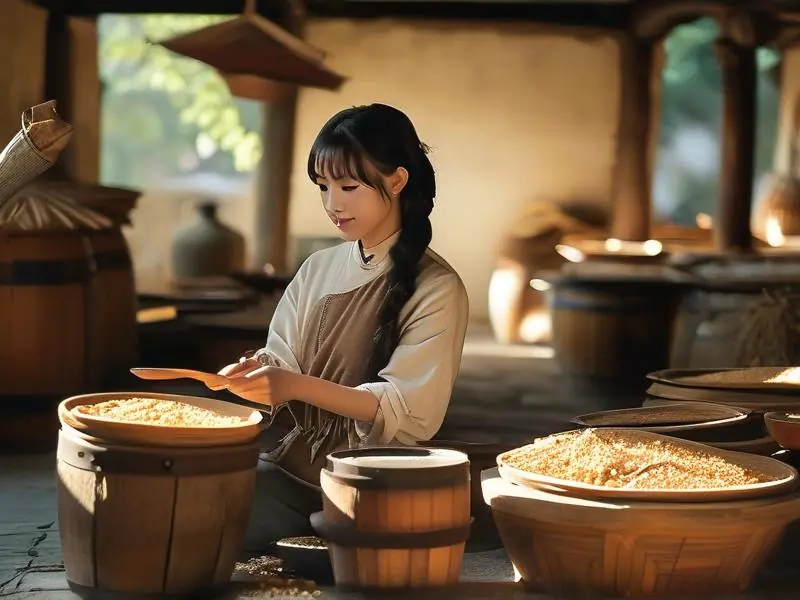 李子柒在田园中酿酒的场景