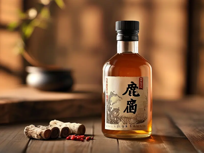 鹿茸泡酒成品展示，搭配中药材和古朴背景