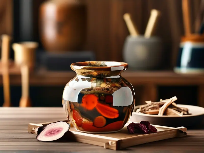 传统方法浸泡中的鹿茸血酒实物展示