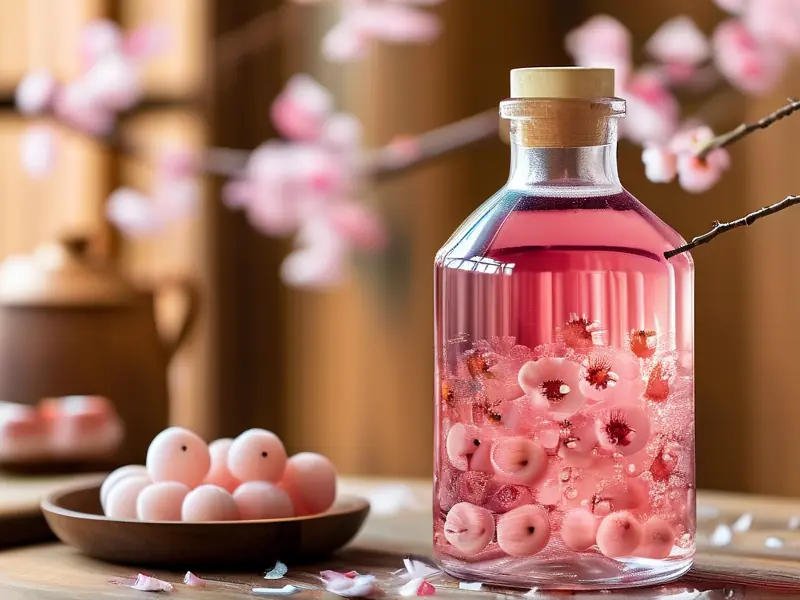 传统梅花酒成品展示 瓶中漂浮新鲜梅花花瓣